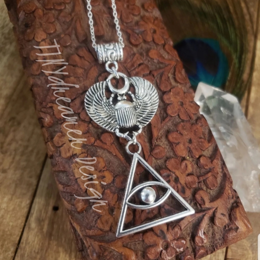 Egyptian Scarab Pyramid Eye 925 Silver Necklace Horror Egypt Mythology Rebirth
